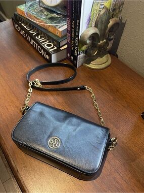 Tory Burch Black Leather Crossbody with Gold Chain Accent